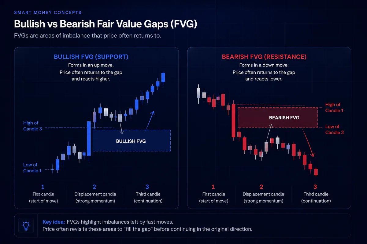 Grafik berdampingan menunjukkan celah nilai wajar bullish sebagai dukungan dan celah nilai wajar bearish sebagai resistensi